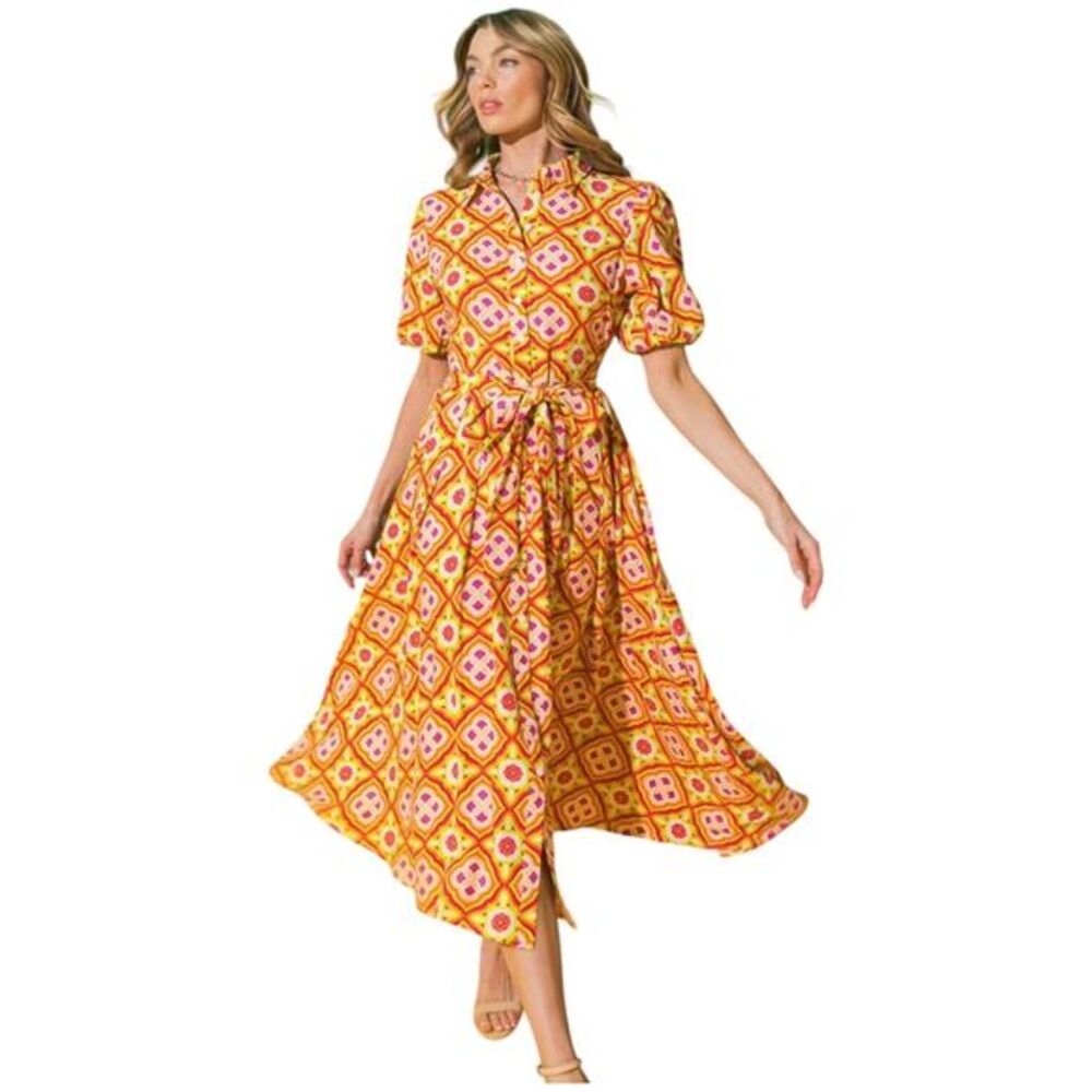 FLYING TOMATO Fuchsia Lime Woven Linen Colorful Midi Dress Sz M Belted‎ Yellow